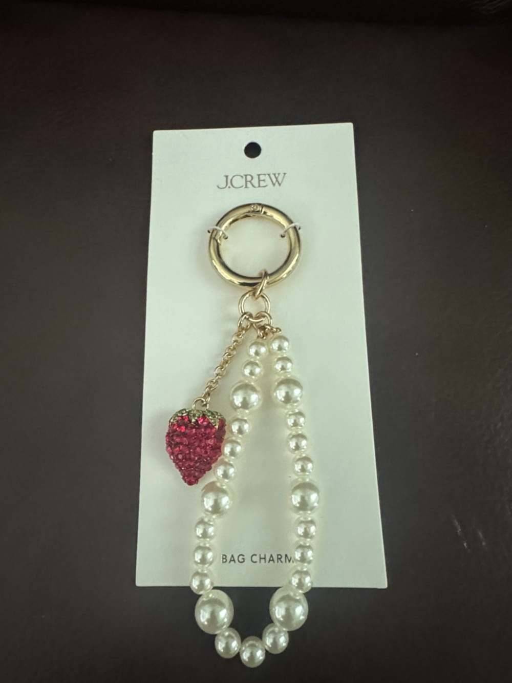 J. Crew Factory Gold Pearl Beaded Bag Charm with Pink Crystal Heart